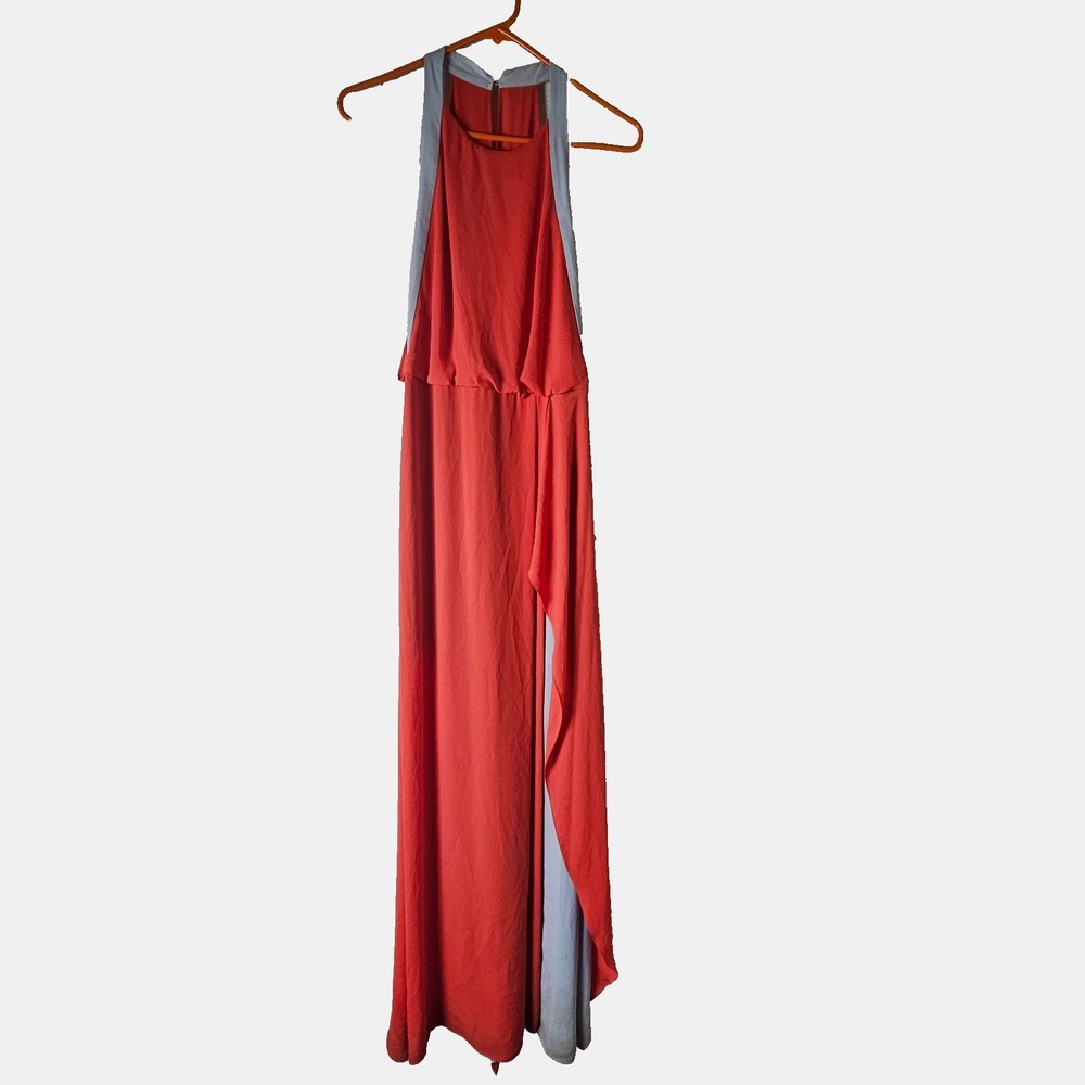 SZ) BCBGMAXAZRIA Camila Halter Two Tone Maxi Dress High Slit Cocktail Glam Chic